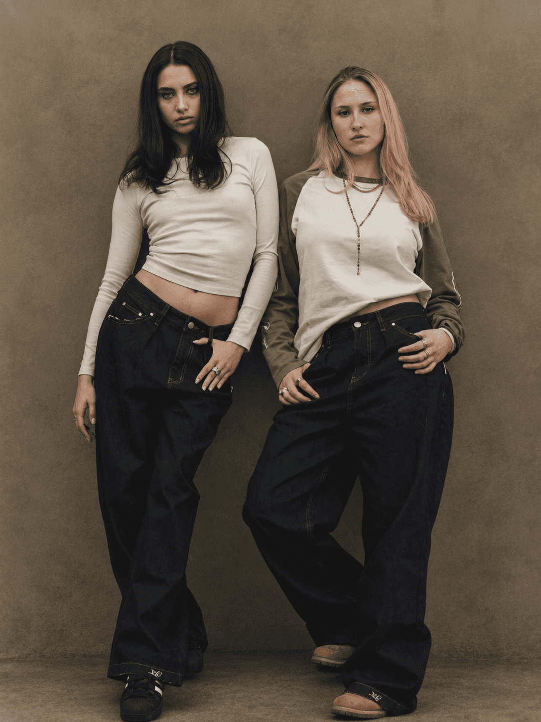 Two women in wide R/K2 denim against a warm wall